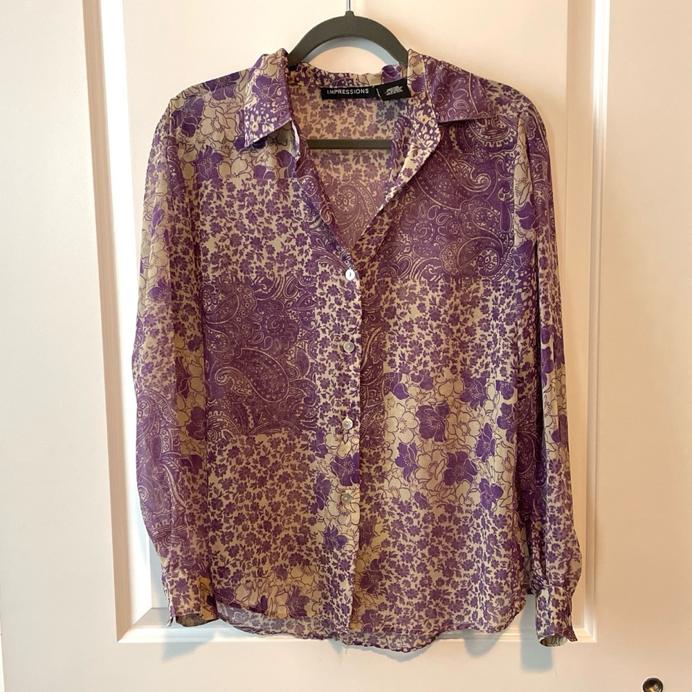 Vintage 1970s Impressions Purple and Cream Floral Paisley Blouse